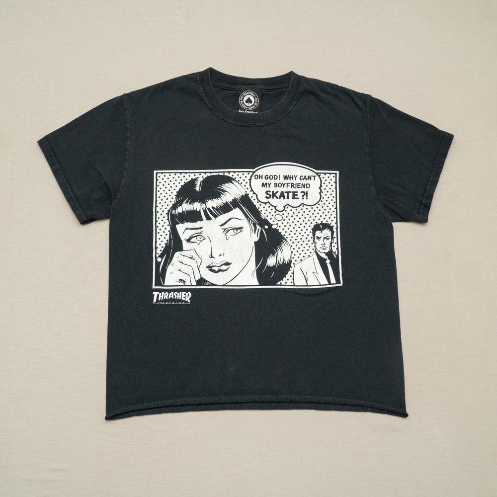 Thrasher T Shirt Adult Small Oh God Why Can't My Boyfriend Skate Black Cropped
